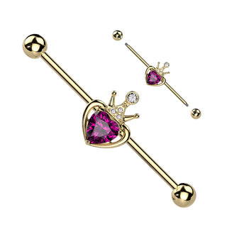 Barbell Industrial Corazón rosa con Corona Circonita