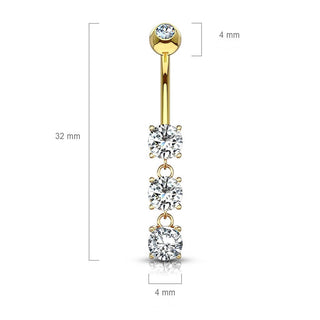 Oro 14kt Piercing ombligo Colgante de 3 Circonitas