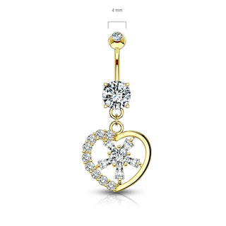 Oro 14kt Piercing ombligo Corazón colgante Circonita