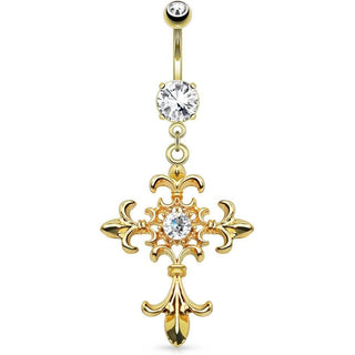 Piercing ombligo Cruz de Lirio Oro Colgante Circonita