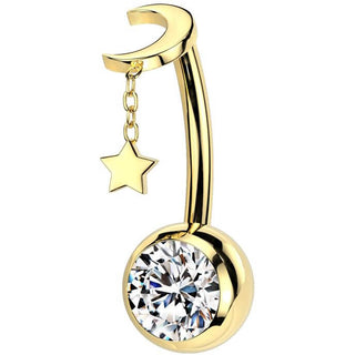 Titanio Piercing ombligo Estrella luna colgante circonita Push In