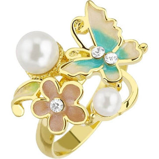 Ajustable de oro con la flor y la mariposa con circonita y perlas