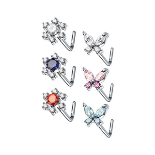 Nariz en L Flor Mariposa Circonita Plata, 6 piezas