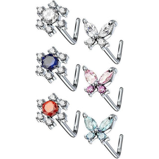 Nariz en L Flor Mariposa Circonita Plata, 6 piezas