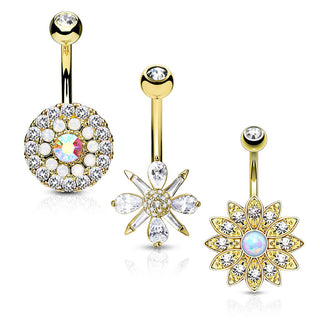 Piercing ombligo Flores Circonita Ópalo Oro, 3 piezas