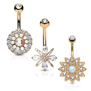 Piercing ombligo Flores Circonita Ópalo Oro, 3 piezas