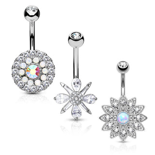 Piercing ombligo Flores Circonita Ópalo Oro, 3 piezas