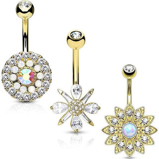 Piercing ombligo Flores Circonita Ópalo Oro, 3 piezas