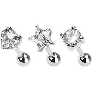 Barbell Corazón Redondo Estrella Circonita Plata, 3 piezas