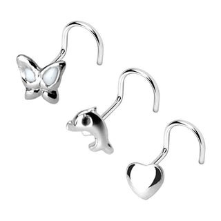 Plata 925 Nariz Screw Pack Mariposa Corazón Delfín Plata, 3 piezas
