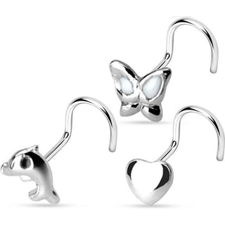 Plata 925 Nariz Screw Pack Mariposa Corazón Delfín Plata, 3 piezas