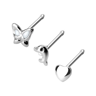 Plata 925 Nariz Stud Pack Mariposa Corazón Delfín Plata, 3 piezas