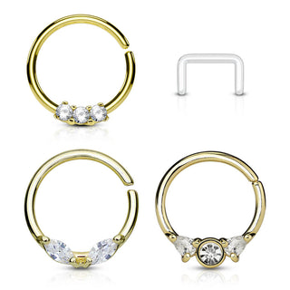 Septum Piercing Pack Anillos Circonita Oro y Retenedor Flexible, 3 piezas