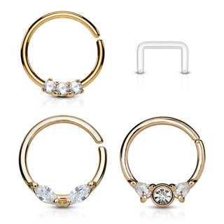 Septum Piercing Pack Anillos Circonita Oro y Retenedor Flexible, 3 piezas