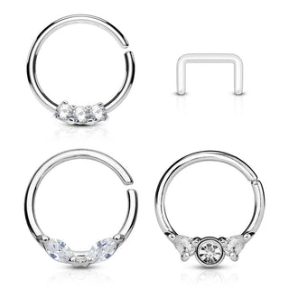 Septum Piercing Pack Anillos Circonita Oro y Retenedor Flexible, 3 piezas