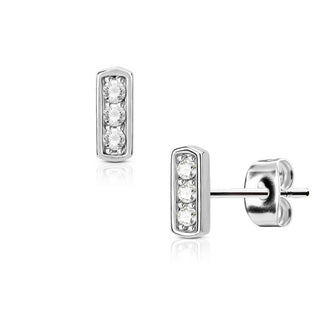 Stud Earring 316L Ear Studs Three Cubic Zirconia Set Square Bar 1 Pair