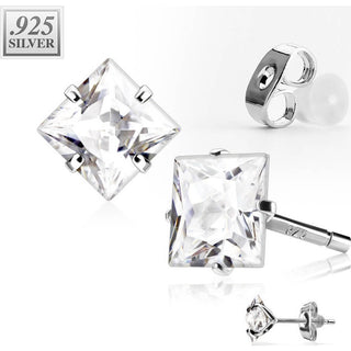 Silver 925 Stud Earring Sterling Silver Clear Square Cut Cubic Zirconia Stud Earring 1 Pair