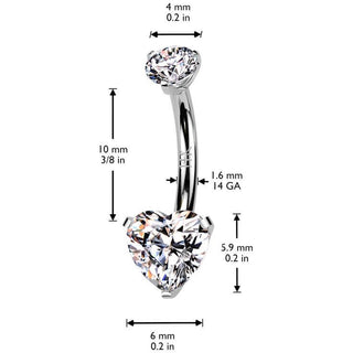 Oro 14kt Piercing ombligo corazón circonita engaste puntas Rosca interna