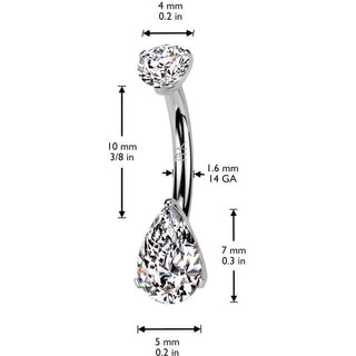 Oro 14kt Piercing ombligo lágrima circonita engaste puntas Rosca interna