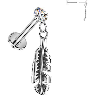 Labret prong setting cubic zirconia and feather dangle Push-In