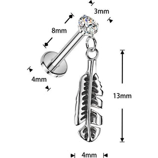Labret prong setting cubic zirconia and feather dangle Push-In