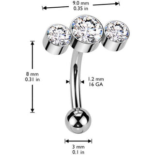 Titanio Barbell Curvo tres circonitas redondas ajuste de bisel Push In