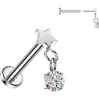 Titanium Labret flat star with round cubic zirconia dangle Push-In