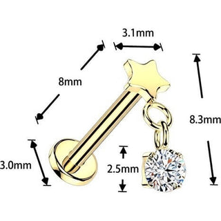Titanium Labret flat star with round cubic zirconia dangle Push-In