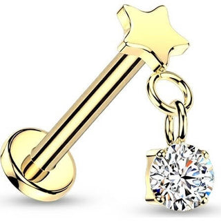 Titanium Labret flat star with round cubic zirconia dangle Push-In