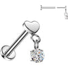 Titanium Labret flat heart with round cubic zirconia dangle Push-In