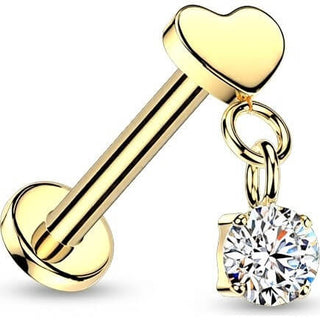 Titanium Labret flat heart with round cubic zirconia dangle Push-In