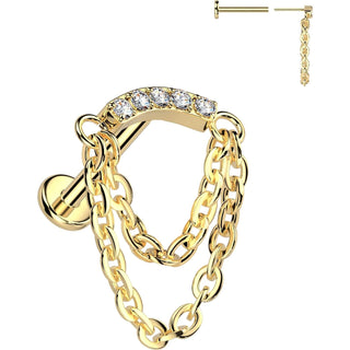 Titanium Labret Pave Cubic Zirconia Curve Double Chain Dangle Push-In