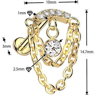 Titanium Labret Double Chain Curve Cubic Zirconia Dangle Push-In