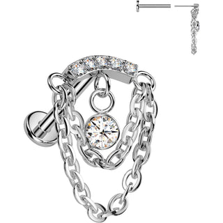 Titanium Labret Double Chain Curve Cubic Zirconia Dangle Push-In