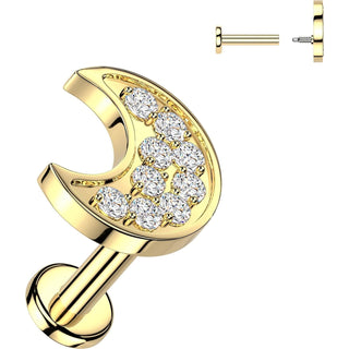 Labret pave cubic zirconia crescent moon Internally Threaded