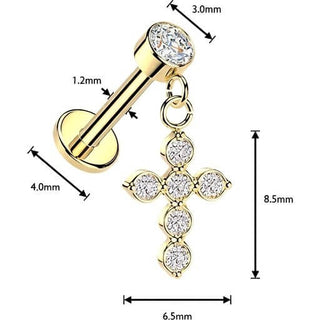 Labret cubic zirconia cross dangle bezel setting Internally Threaded