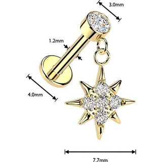 Labret pave cubic zirconia starburst dangle bezel setting Internally Threaded