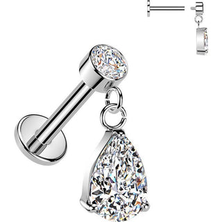 Labret pear cubic zirconia dangle bezel setting Internally Threaded