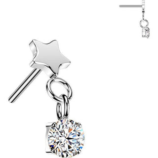 Titanium top flat star with round cubic zirconia dangle Push-In