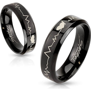 Finger Ring 316L Band Ring Black IP Heart Beat Laser Etched