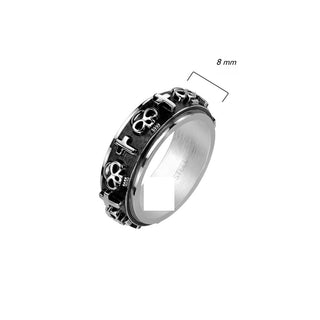 Finger Ring 316L Ring Skulls and Crosses on Black Spinner Center