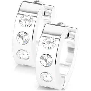 Earring 316L Black Hinged Hoop Earring 3 Clear Cubic Zirconia 1 Pair Clicker