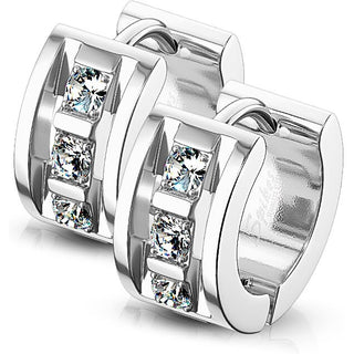 Earring 316L Hinge Action Hoop Earrings 3 CNC Set Clear Cubic Zirconia 1 Pair Clicker