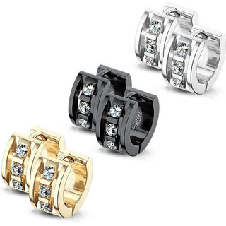 Earring 316L Hinge Action Hoop Earrings 3 CNC Set Clear Cubic Zirconia 1 Pair Clicker