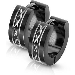 Earring 316L Black Hinged Wide Hoop Earrings with Dia Cut and Grooved Center 1 Pair Clicker