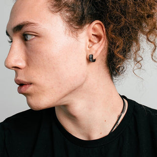 Earring 316L Black Hinged Wide Hoop Earrings with Dia Cut and Grooved Center 1 Pair Clicker