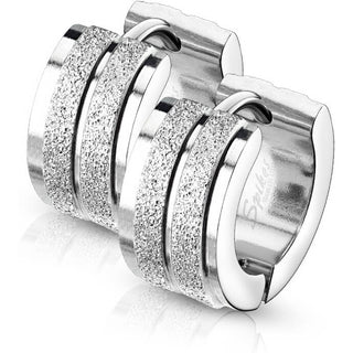 Hoop Earring 316L Sandblasted Grooved Line Stepped Edges Hinged Hoop Earrings 1 Pair