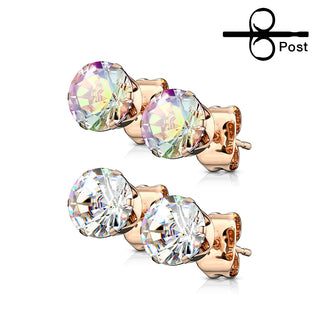 Stud Earring 316L Rose Gold IP Round Cubic Zirconia Stud Earring 1 Pair