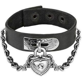 Bracelet Black Leather Bracelet Chain Linked Cubic Zirconia Heart Lock Charm