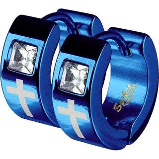 Earring 316L IP Earrings Laser Etched Cross Single Square Gem 1 Pair Clicker